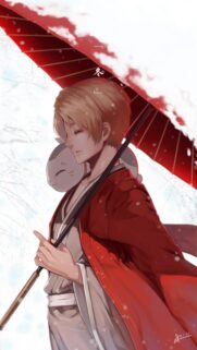 Anime Boy with Red Umbrella in Snow High Quality Mobile Wallpaper