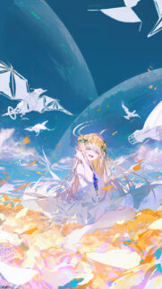 Anime Girl in Golden Rose Field with Mechanical Creatures Mobile Wallpaper