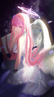 Crying Anime Angel with Pink Hair and Celestial Halo Wallpaper