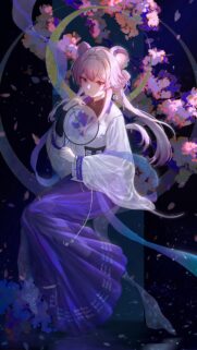 Anime Girl with Pink Hair in Traditional Hanfu under Cherry Blossoms Mobile Wallpaper