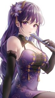 Stunning Anime Girl with Long Purple Hair in Elegant Cheongsam Wallpaper