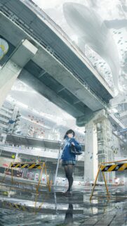 Surreal Anime Girl Standing Under Concrete Overpass with Floating Whale Wallpaper