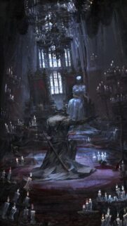 Gothic Dark Fantasy Knight Kneeling Before a Ghostly Queen Wallpaper