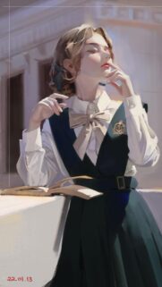 Elegant Anime Girl in School Uniform with Book Digital Art Wallpaper