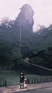 Anime Girls Standing Beneath a Giant Surreal Mountain Silhouette Wallpaper