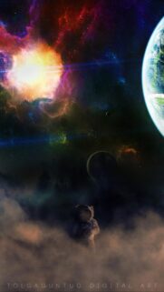 Astronaut Standing in Deep Space Nebula and Earth View Wallpaper