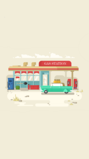 Vintage Gas Station and Retro Teal Car Flat Vector Art Mobile Wallpaper