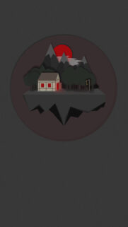 Minimalist Floating Island Cabin with Blood Red Sun Dark Art Wallpaper