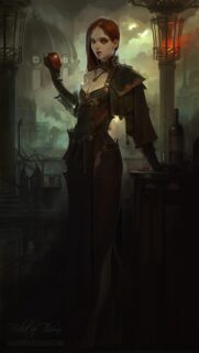 Gothic Dark Fantasy Woman with Red Apple Wallpaper in Urban Mist