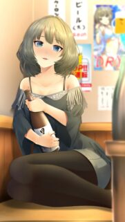 Beautiful Anime Girl Holding Sake Bottle in Japanese Pub Wallpaper