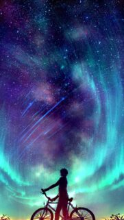 Anime Boy Riding Bicycle Under Stunning Galactic Night Sky Wallpaper