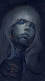 Mysterious Cybernetic Girl with Glowing Blue Eyes Sci-Fi Digital Art Wallpaper