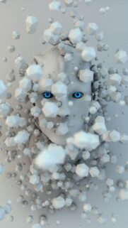 Abstract Robotic Human Face with Glowing Blue Eyes 3D Wallpaper