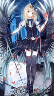 Anime Girl with Black Wings and Magical Rose Wallpaper for Mobile