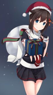 Cute Anime Girl Santa Claus Holding Christmas Gift Wallpaper