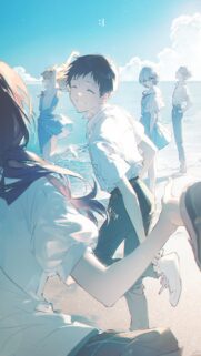 Evangelion Characters Relaxing at the Beach Anime Aesthetic Mobile Wallpaper