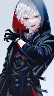 Anime Boy with White Hair and Red Eyes in Tactical Hoodie Wallpaper