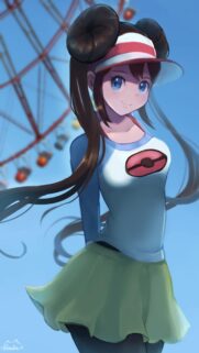 Rosa Pokemon Trainer Anime Girl Wallpaper with Ferris Wheel Background