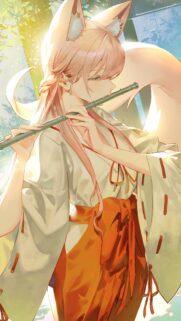 Beautiful Anime Fox Girl Playing Flute in Sunlight Phone Wallpaper