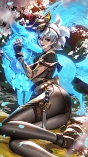 Anime Girl with Blue Spirit Fox Companion Mobile Wallpaper