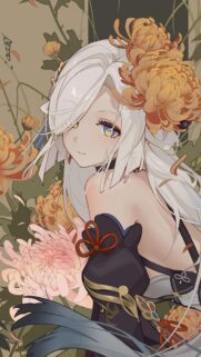 Beautiful Anime Girl with White Hair and Chrysanthemums Mobile Wallpaper