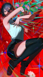 Stunning Anime Girl with Vibrant Red Abstract Energy Mobile Wallpaper