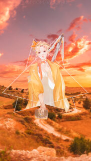 Anime Girl in Yellow Jacket with Geometric Sunset Background Wallpaper