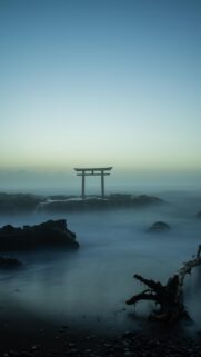 Serene Japanese Torii Gate at Misty Ocean Shore High Resolution Mobile Wallpaper