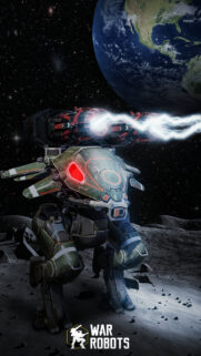 War Robots Battle Mech Firing Lightning Cannon on Moon Surface Mobile Wallpaper