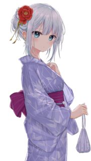Beautiful Anime Girl in Lavender Yukata with Red Flower Hair Accessory Wallpaper