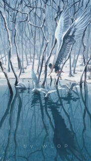 Ethereal Angel and Swans in Snowy Winter Lake Digital Art Wallpaper