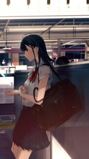 Anime Schoolgirl Standing at Train Station Mobile Wallpaper