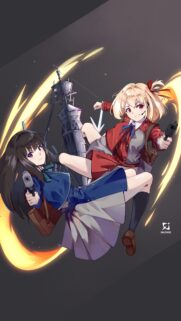 Lycoris Recoil Anime Wallpaper Featuring Chisato and Takina Action Scene