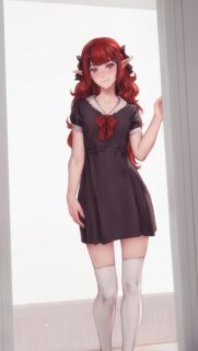 Beautiful Red Haired Anime Elf Girl in Black Dress Mobile Wallpaper