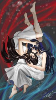 Stunning Anime Girls Floating in Ethereal Red and Blue Light Wallpaper