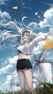 Anime Girl with Long Silver Hair Stretching in Windmill Field Wallpaper