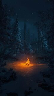Cozy Campfire in Snowy Winter Forest Night Mobile Wallpaper