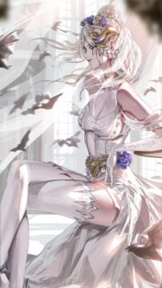 Stunning Anime Girl in White Gothic Dress with Bats High Resolution Mobile Wallpaper