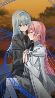 Anime Girls Embrace Wallpaper: Blue and Pink Hair Characters with Magical Wings at Sunset