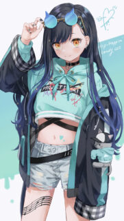Cute Anime Girl with Blue Hoodie and Cat Accessory Phone Wallpaper