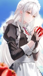 Beautiful Anime Maid with White Hair and Red Apple Mobile Wallpaper