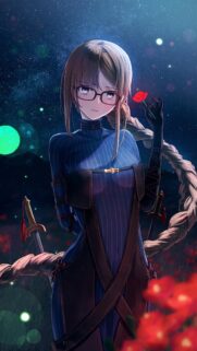 Beautiful Anime Girl with Glasses Holding a Red Flower Under Starry Night Sky Wallpaper
