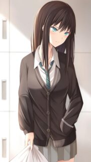 Anime School Girl with Long Brown Hair and Turquoise Eyes Wallpaper