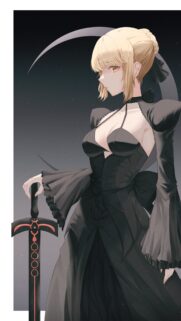 Elegant Saber Altria Pendragon in Black Dress with Dark Excalibur Anime Wallpaper