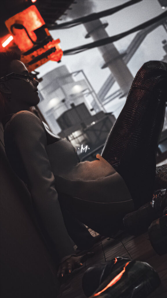 Cyberpunk Woman Sitting in Industrial Sci-Fi Environment Mobile Wallpaper