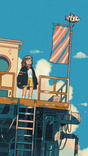 Anime Girl Standing on Steampunk Platform Wallpaper for Mobile