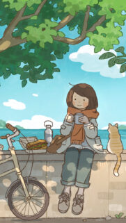 Cozy Anime Girl Enjoying a Picnic by the Sea Mobile Wallpaper