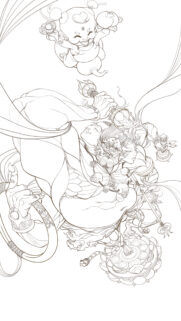 Divine Buddhist Deity and Joyful Child Line Art Illustration Wallpaper