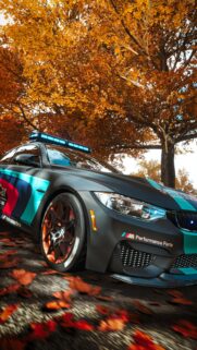 BMW M4 Performance Safety Car in Autumn Foliage Wallpaper for Mobile