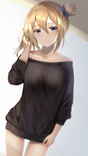 Beautiful Anime Girl with Blonde Hair in Off Shoulder Sweater Mobile Wallpaper